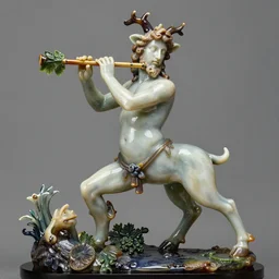 satyr god faun pan with hoofs and playing flute with wine leaf high resolution 8 k portrait in style of michael hussar and hieronymus bosch and lalique symbolic 8 k