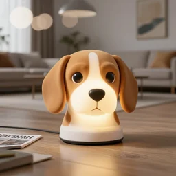 a 3d beagle puppy head lamp, placed in a large living room, art designers magazine HD photo superrealism 3d 8k resolution