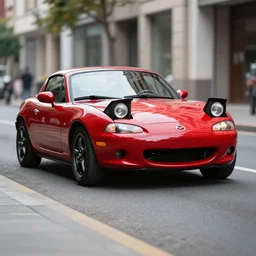 105mm photo of car full view mid distance photograph red Mazda Miata parked on street from 2020