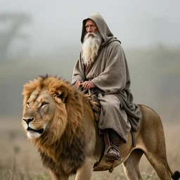 old man with long white beard and a hood riding on lions back