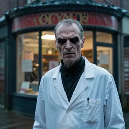 a canon cinematic headshot portrait of an evil scientist, stood outside a corner shop, raining, detailed, depth of field, movie still, dramatic lighting, by krenz cushart