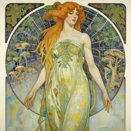 an insanely detailed oil painting of a tall woman, intricate detailed leaves, spiderweb, mycelia, by ruan jia, fantasy, hyper detailed, colorfull, concept art, by greg rutkowski, by alphonse mucha, by moebius