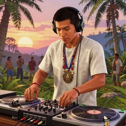 highly detailed portrait of a an indigenous ecuadorian huaorani dj young man with headphones deejing with technics sl - 1 2 0 0 m 7 ley turntables in the jungle in gta v, sunset in ecuador, happy ambience, stephen bliss, unreal engine, fantasy art by greg rutkowski, loish, rhads, ferdinand knab, makoto shinkai and lois van