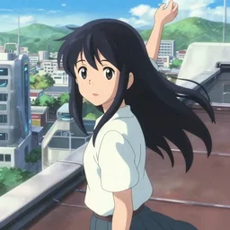 anime film visual of a long black haired young girl wearing shirt sightseeing futuristic seoul standing on rooftop, cute face by ilya kuvshinov, makoto shinkai, kyoto animation, dynamic perspective and pose, detailed eyes, less nose, crisp and sharp cel shade