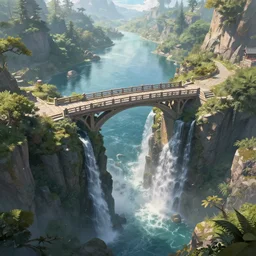 fantasy landscape, bridge over waterfall, lake, art by chinnkun, 6 point perspective, high detail, sharp focus, elegant, intricate, epic, fantasy digital art