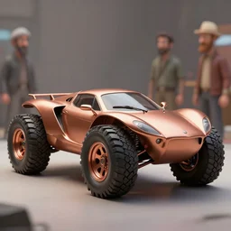 surrealism supercar with offroad tires, painted in copper. len blur background bokeh. art by ismail inceoglu, filip hodas, and pixar.