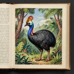 medieval book full page illustration of a cassowary in its natural habitat, museum collections, art collection, realistic, highly detailed, historical, award winning, handpainted, masterpiece