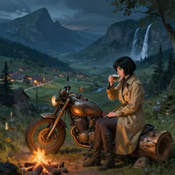 Panoramic photograph on a girl from Final Fantasy live action, with short black hair and green eyes in a tan trenchcoat sitting on a log and drinking tea by the campfire by her motorrad, steampunk motorcycle, at night, ray tracing, large landscape with village, beautiful, mountains, waterfalls, award winning, masterpiece digital painting by Greg Rutkowski, Alex Grey, artstation, 4k wallpaper, Jakub Rozalski