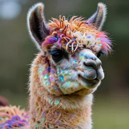 llama with dreadlocks, vibrant colors, by Paul Lehr, unreal engine, octane render, cinematic light, high details, iridescent colors, dichroic, macro