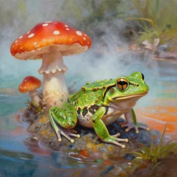 highly detailed oil painting of a lizard frog ( ( mushroom ) ) in a steaming colorful hotspring, featured on artstation