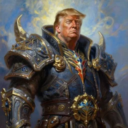 portrait oil painting, perfect expression, subconscious connects, purified consciousness, warcraft great maga king donald j trump, fantasy character portrait, ultra realistic, wide angle, intricate details, world of warcraft, mass effect, artifacts, luminous skies, highly detailed, michael cheval, peter mohrbacher, boris vallejo, jessica rossier, oil painting, highly detailed, cinematic lighting, unreal, natural tpose