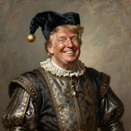 president donald trump as a historic court jester. smiling widely. medieval dirty and grimy noble. historic royal portrait from the renaissance era. oil painting, highly detailed, centered, artstation, concept art, smooth, sharp focus, illustration, artgerm, vermeer, joseph christian leyendecker, frans hals, rembrandt