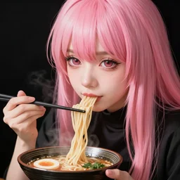 anime girl with pink hair eating ramen noodles, black background, detailed face