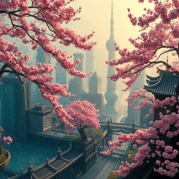3 d, hyperrealism art glamorous sci - fi poster, a panoramic view of shanghai full of sakura, beautiful whimsical botanical illustration, by android jones and greg rutkowski, digital matte painting, ghibli style, golden ratio