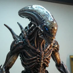 photo taken of an epic intricate, ultra detailed, super realistic gritty, wet, lifelike sculpture of a nightmarish hellish alien ghoulish creature with bioluminescent patches of skin created by weta workshop, zoomed in shots, subsurface scattering, photorealistic, sharp focus, white wall coloured workshop, cold colour temperture, f 0. 4, face centred, golden ratio, golden hour