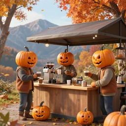 pumpkin headed people ordering coffee at a coffee stand, maple trees with fall foliage, on a mountain, volumetric, realistic, cinematic lighting, ray tracing, unreal engine 5, octane render, hyper realistic, photo, 8 k