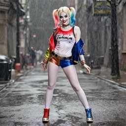 fully body pose, photo of a very beautiful!! victoria secret model, harley quinn, raining, 8 k, hdr, smooth, sharp focus, high resolution, award - winning photo, trending on artstation, dslr, 5 0 mm