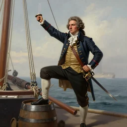 detailed smooth ultra - realistic digital painting of american revolutionary john paul jones on his ship with his leg on a barrel and his sword in the air