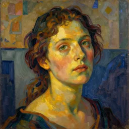 rembrandt - inspired portrait of a woman set against a fauvist background. the woman's face is illuminated by a warm, golden light, and her gaze is directed upward, as if she is lost in thought. the background is composed of geometric shapes and clean lines, creating a contrast with the woman's more organic features. the overall effect is one of harmony