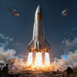 giant scifi space rocket, fired into space in a blaze of smoke and blue fire, exhaust engine fireing, landscape, alex ross, eddie mendoza, raphael lacoste, star citizen, horizon zero dawn, sebastian ludke, concept art, matte painting, highly detailed, rule of thirds, dynamic lighting, cinematic, realism, realistic, photo real, detailed, magnificiant landscape, denoised, centerd