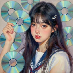 a highly detailed painting of a young lady wearing an outfit inspired by the colorful reflections of cd-roms