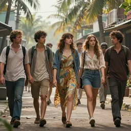 a cinematic extreme close - up of ( ( ( highly intricate people in casual wear walking in the street ) ) ), tropical morning, fantasy art, highly detailed matte painting, telephoto lens 2 0 0 mm, by stanley artgerm lau, greg rutkowski, thomas kinkade, alphonse mucha, loish, norman rockwell, artstation