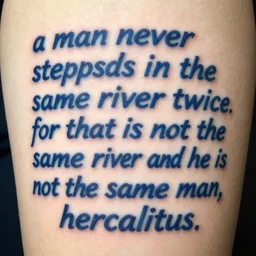 tattoo with crooked handwritten font, blue, quote : a man never steps in the same river twice for that is not the same river and he is not the same man, heraclitus quote, color restoration