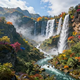 a very photorealistic concept art of colourful landscape with waterfalls and mountains, unreal engine 5