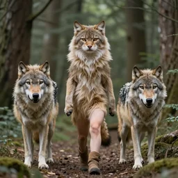 furry cat woman in a forest 8 b 4?.?. with real wolves
