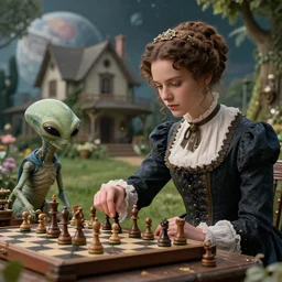 detailed, sharp, a girl playing chess with her pet alien humanoid creature, wearing 1860s era clothes, in the garden of a house on an alien planet, steampunk, extremely highly detailed, hyperrealistic, highly detailed faces, 70 mm still from a period sci fi movie, 4k, HD