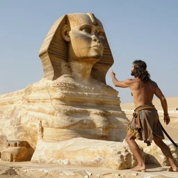 a high definition portrait of a sphinx about to attack a demi - god