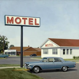 1 9 6 0 s americana painting of a motel and motel sign with a car parked outside by norman rockwell, panovision