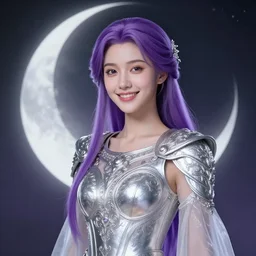 portrait of young smiling prophetess of the moon, silver filigree armor, purple hair, translucent skin, beautiful! coherent! by brom, by junji ito, strong line, high contrast, muted color