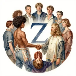the circle complete, greek symbol zeta, diversity team, afro, white, european, handshake, highly detailed, digital painting, watercolor, soviet realism, engraving, artstation, concept art, smooth, sharp focus, vivid grunge, manga, illustration, unreal engine 5, 8 k, art by bilibin and kuvshinov and malevich and mucha