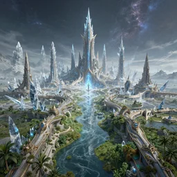 futuristic hyperdimensional elven city, galactic, desolate, ice shards, river, lush vegetation:: by beeple and James Gilleard and Justin Gerard :: ornate, dynamic, particulate, intricate, elegant, highly detailed, centered, artstation, smooth, sharp focus, octane render, nvidia raytracing demo