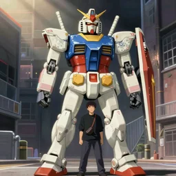 rock guitarist gundam robot, city street backdrop by hayao miyazaki, anime screenshot