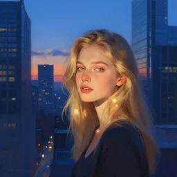 portrait of a beautiful blonde girl, sunset in the city, skyscrapers, intimate, in love, shades of blue, beautiful face, rule of thirds, spotlight, by greg rutkowski, by jeremy mann, by francoise nielly, by van gogh, digital painting