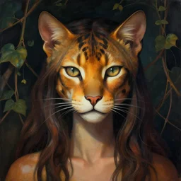 detailed portrait in femininity, modernist shaman, feline, realistic face chiseled features, specular eyes, ethnic, statuesque model, natural skin, lush hair, warm glow, subsurface scattering, jewel, asymmetrical, chiaroscuro, organic impressionism, vine backdrop, deep rich color, digital illustration