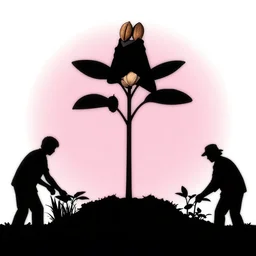 black silhouettes of men in a garden growing plants with two nuts in a sack hanging on top of plant, black on pink on white