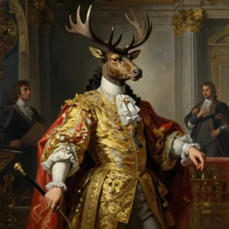 neoclassical portrait of a prince wearing an elks head and royal clothes in his temple, by jacques - louis david, by greg rutkowski, by zdzisław beksinski, by josep tapiro baro, trending on artstation, featured on pixiv, masterpiece, oil on canvas, cinematic composition, dynamic beautiful lighting,
