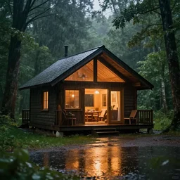 a cozy cabin in the woods, rain, light rays, reflections