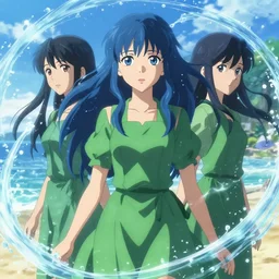 makoto shinkai, artgerm, ilya kuvshinov, beautiful anime women with green dress, long blue hair, water powers water swirling, symmetrical face, symmetrical eyes, detailed, beach setting, cinematic lighting