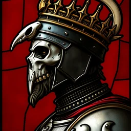 detailed portrait of travis scott as a scary knight, profile view, side view, kaldor helmet, skull - shaped visor, no mandible, royal crown with big spikes, plate armor, stained glass art, by alphonse mucha, red background, very masterful