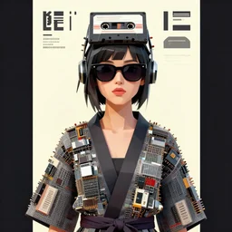 portrait of a lowpoly punk girl with a musicassette head wearing sunglasses and kimono made of transistors, poster art by kurt schwitters james jean liam brazier victo ngai tristan eaton