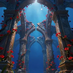 broken arches leading to the pillars of eternity draped with red flowers and vines, blue sky, lens flare, a sense of mystery, cinematic, ultra detailed, intricate, sharp focus, trending on artstation, film still from Disney’s Atlantis: The Lost Empire (2001), 8K