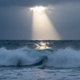 a photo of a beam of light striking the ocean causing large waves, highly detailed