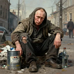 old putin as homeless man!!!, alcoholic, city madman, torn clothes, garbage can, artstation, artgerm, 8 k, highly detailed, rossdraws, frank frazetta, andrei riabovitchev, marc simonetti