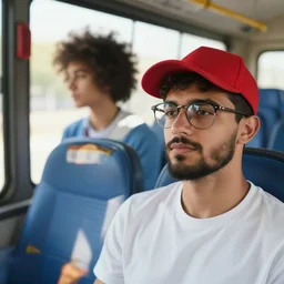 a photograph of subject 1 ( young ducktail bearded moroccan man with wayfarer glasses and red baseball cap and afro ) boarding a bus, and subject 2 ( young hyderabadi female with cateye glasses and purple niqab ), by floro dery, shoji kawamori, and greg rutkowski, artstation, concept art, high quality illustration, mtmte, cover