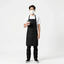 masked barista holding a coffee cup, cinematic studio photo, full body, standing, isolated on a pure white background, centered, whole figure in frame, sharp focus, studio lighting