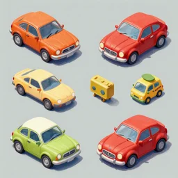 isometric sprite sheet of cars funny in gouache detailed paintings rotated left rotated right props stylised 2